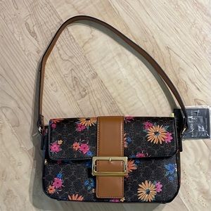 NWT Nanette Lepore Fiona Floral Logo Flap Baguette Shoulder Bag, Vegan